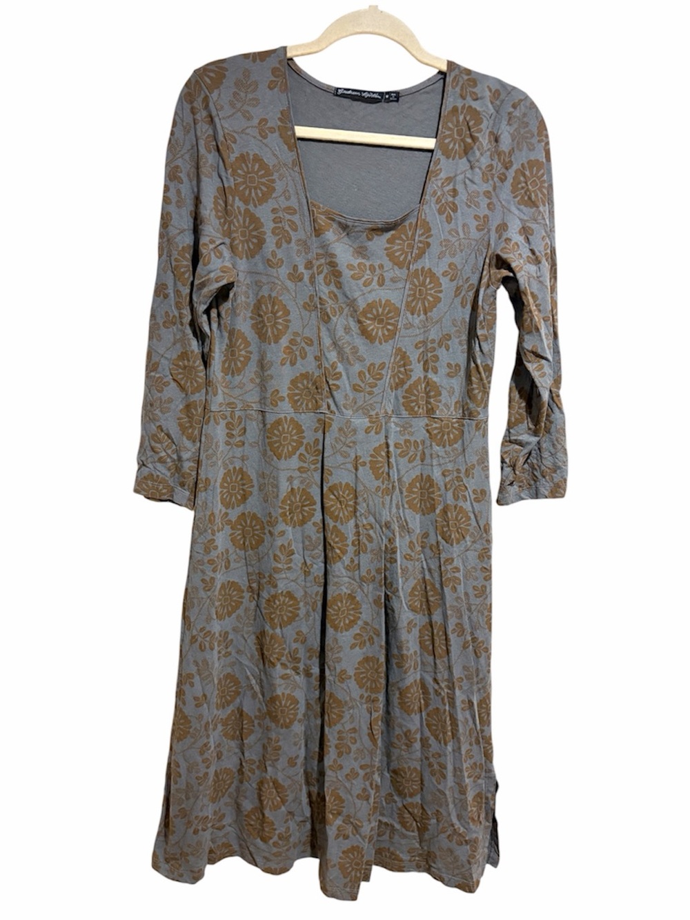 Gudrun Sjoden Gray Gold Floral Long Sleeve Midi Dress Lagenlook Size Medium